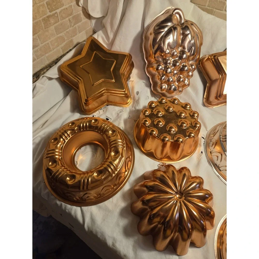 Assorted Aluminum Cake Pan Mold Lot, Mixed Shapes, Gold Copper Silver